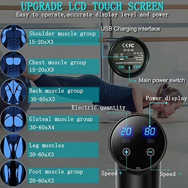 Découvrez notre test détaillé du pistolet de massage noir mat avec 8 têtes interchangeables et 20 vitesses pour un soulagement musculaire optimal
