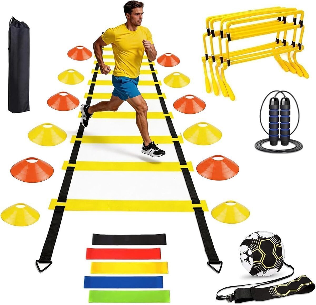 Test accessoires d'entraînement football : échelle, cônes et haies