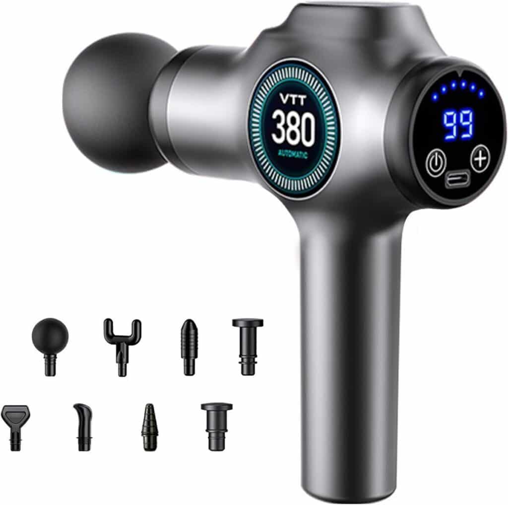 Test du pistolet de massage musculaire silencieux avec 99 niveaux réglables